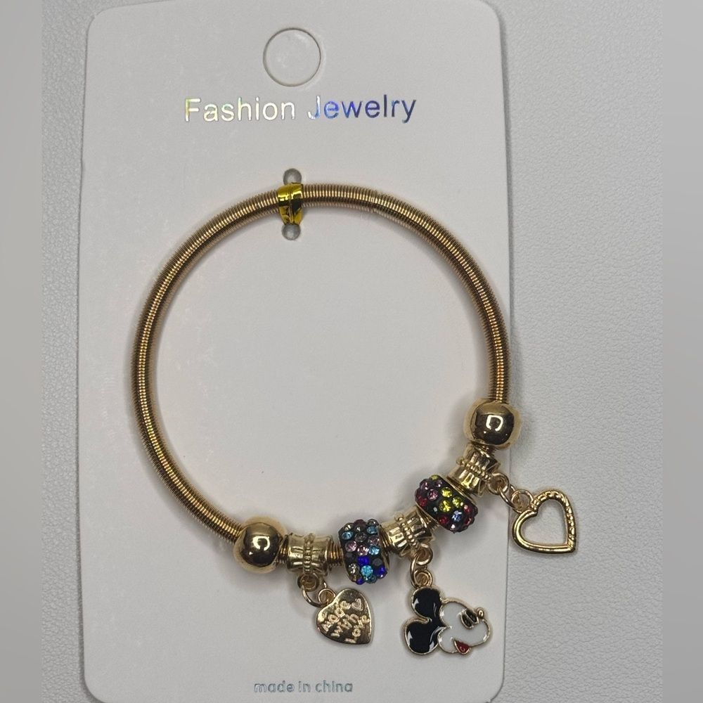 Fashion Jewelry Gold and Blues Mickey Charm Stretch Bracelet